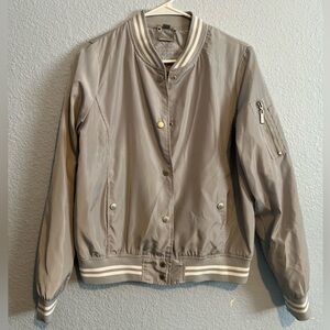 Gray Bomber Jacket with Striped Trim